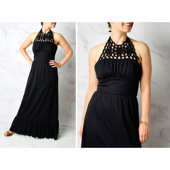 1970s Spiderweb Halter Dress Size Small 70s Halter Gown Vintage Black Maxi Dress - Picture 1 of 9